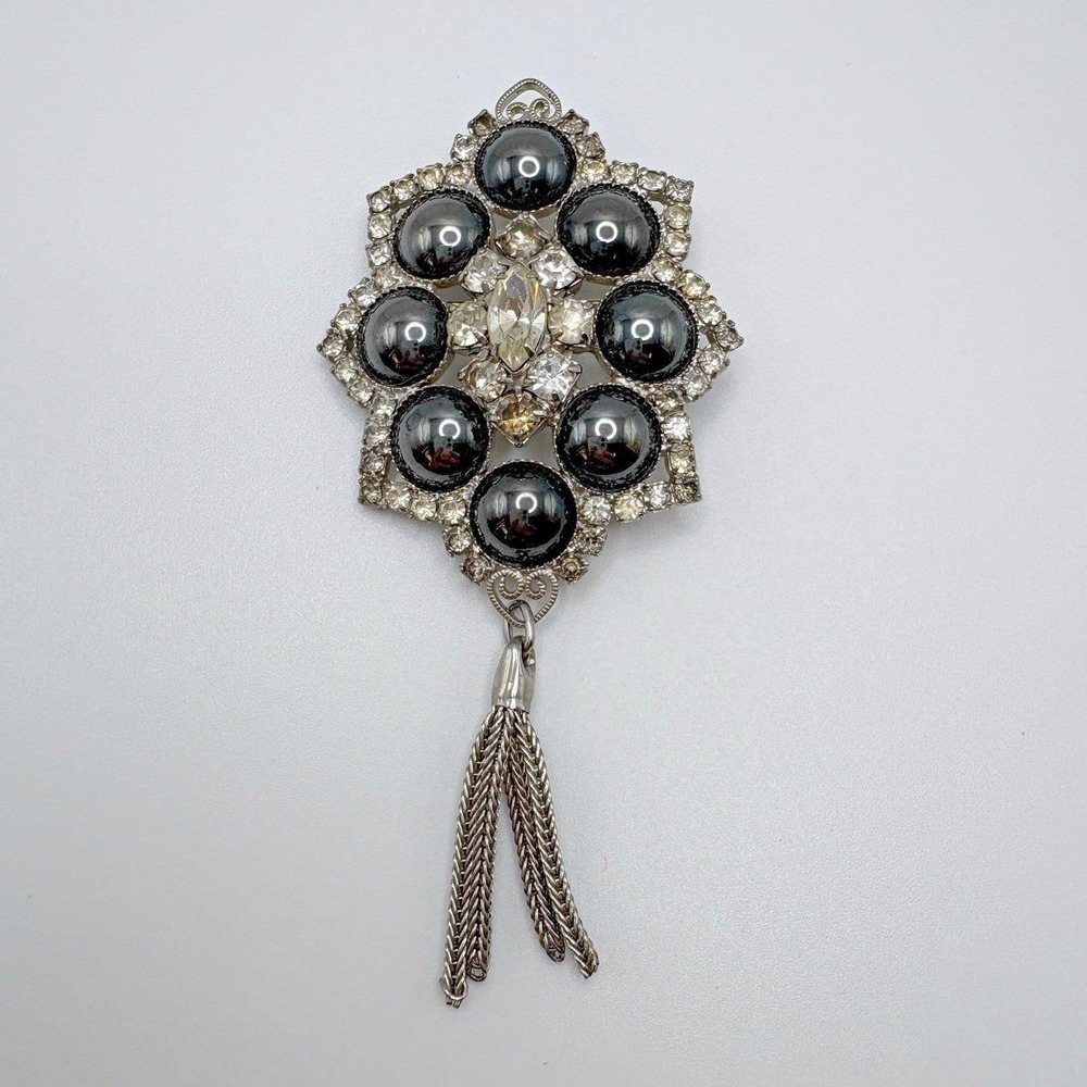Vintage Juliana Brooch Hematite and Rhinestone Tassel Silver Tone